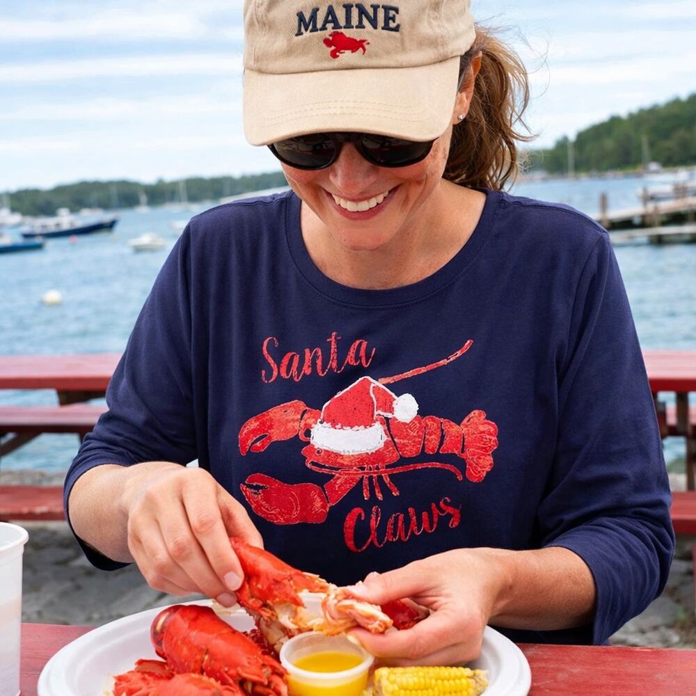 Vintage Santa Lobster Tee XL Navy Coastal Christmas Graphic 3/4 Sleeve